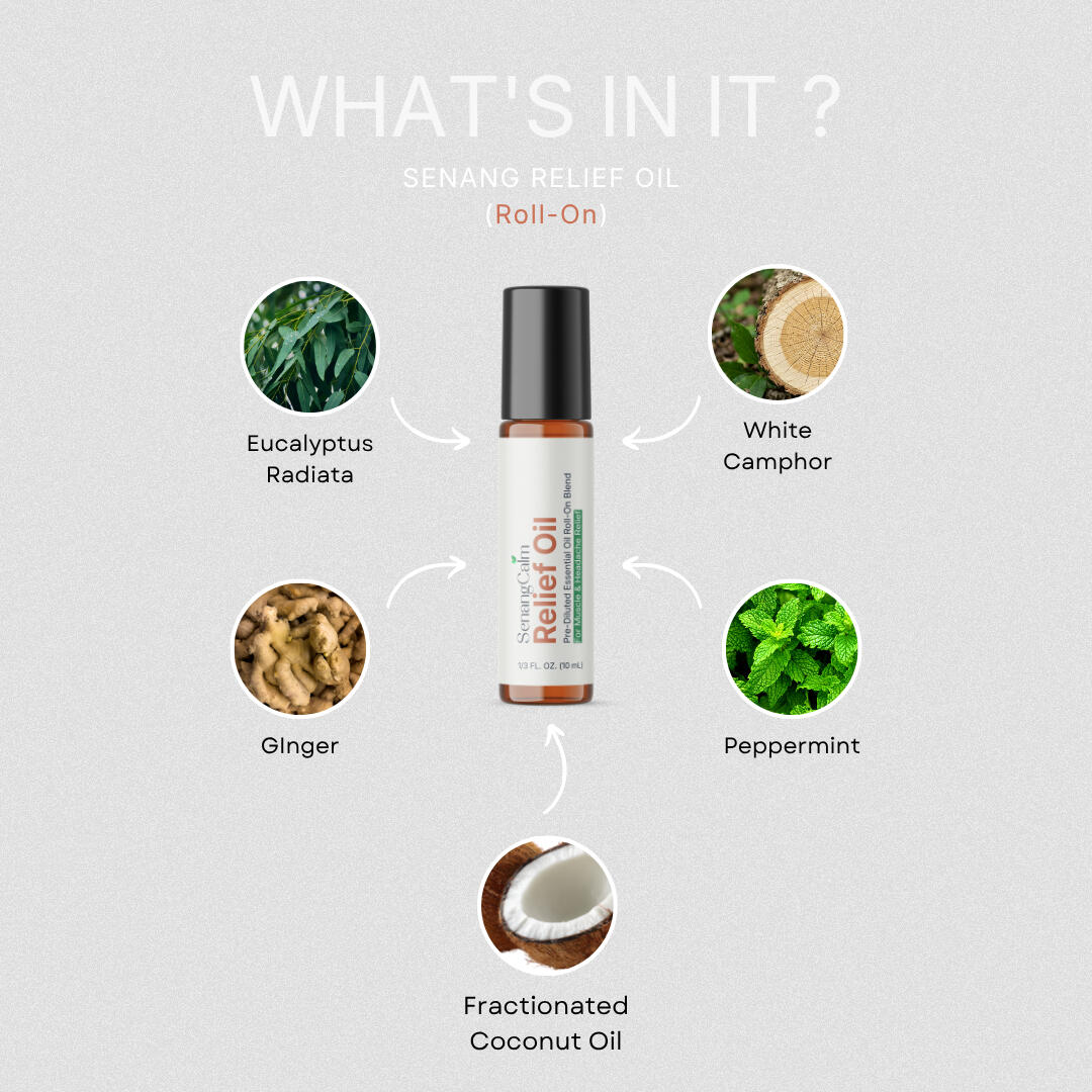 Senang Relief Oil ingredients: Pure Ginger, Peppermint, Eucalyptus Radiata, and White Camphor essential oils