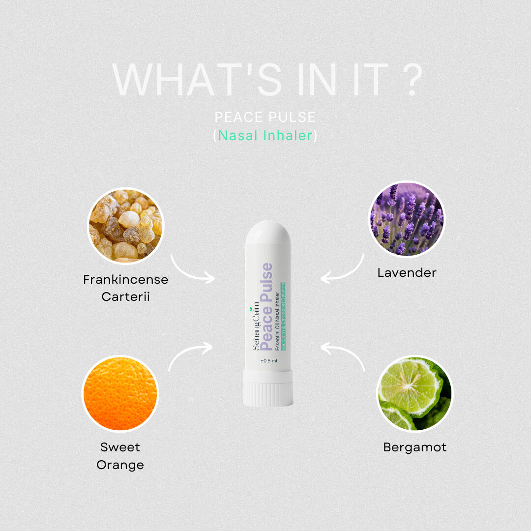 Peace Pulse ingredients: Pure Lavender, Sweet Orange, Frankincense, and Bergamot essential oils