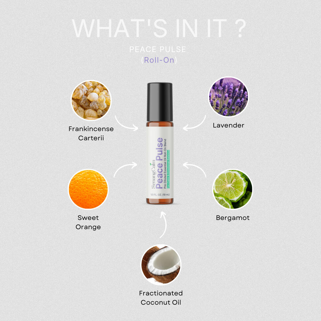 Peace Pulse ingredients: FCO, Pure Lavender, Sweet Orange, Frankincense, and Bergamot essential oils