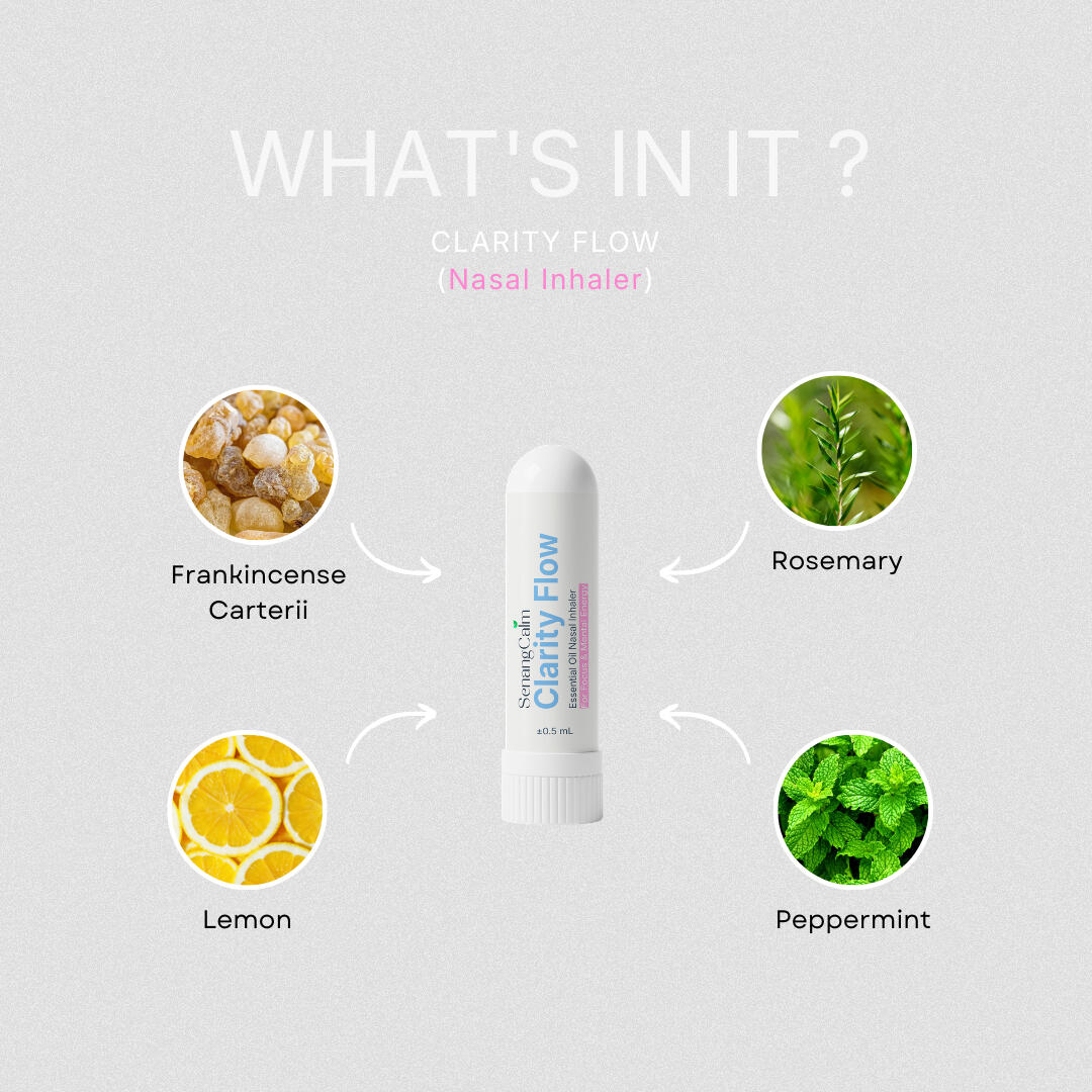 Clarity Flow ingredients: Pure Rosemary, Lemon, Peppermint, and Frankincense essential oils.