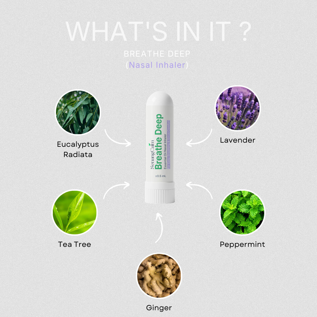 Breathe Deep ingredients: Pure Eucalyptus Radiata, Peppermint, Tea Tree, Ginger, and Lavender essential oils